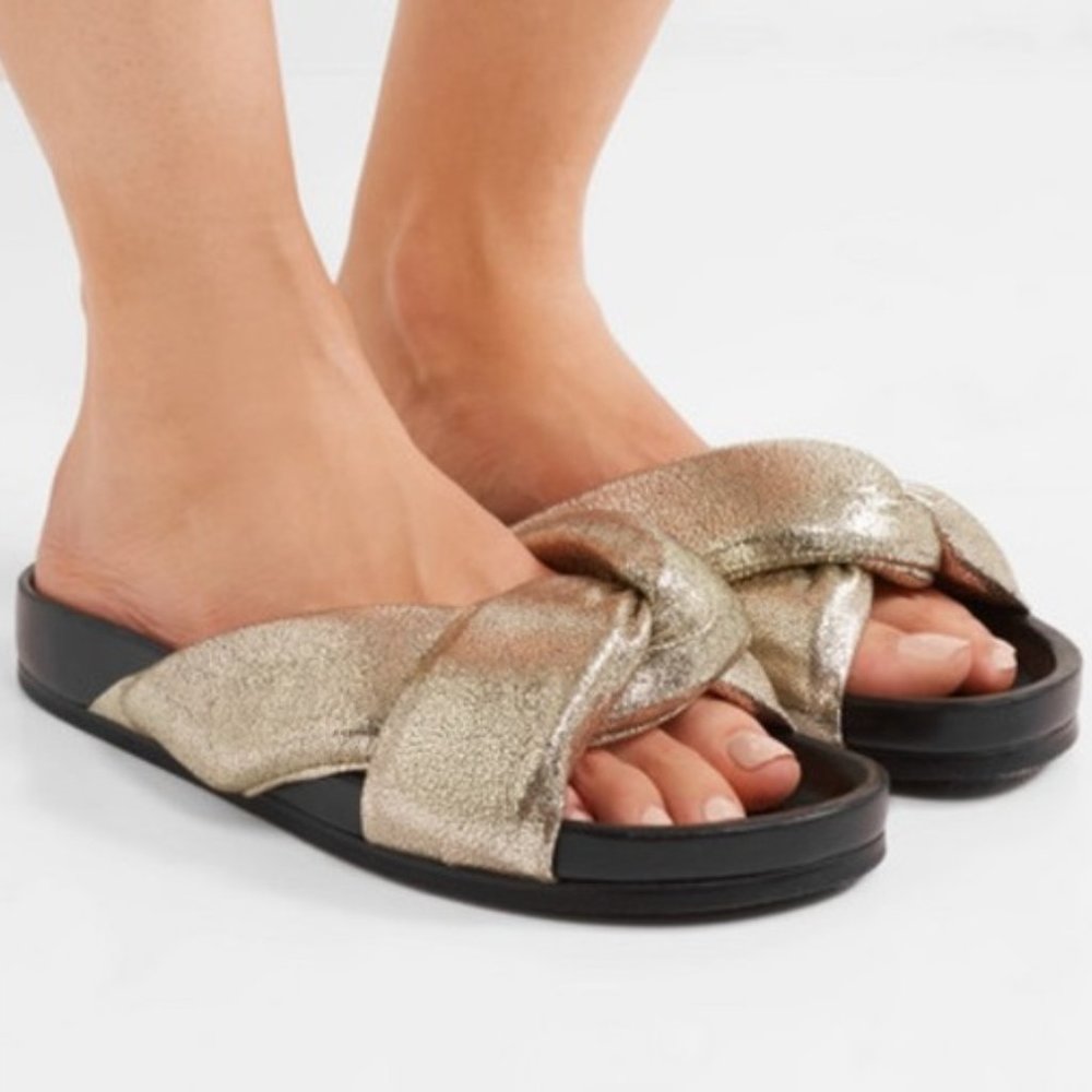 Chloe Nolan Metallic Golden Crackled Leather Crisscross Slides Size EU 36/US 6